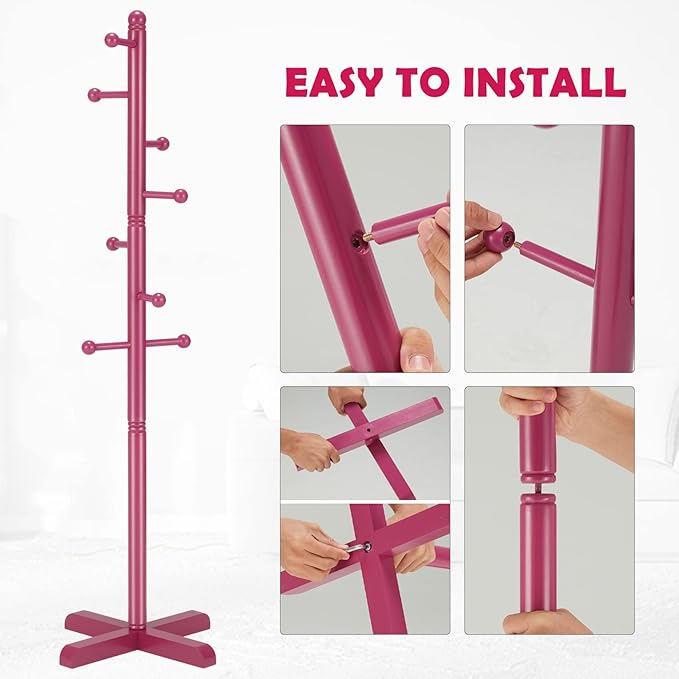 Kids Coat Rack, Freestanding Coat Racks with 8 Hooks 2 Adjustable Height, Tree Coat Rack for Bedroom, Hallway, Entrance, Office, Hats, Handbags,Purse (Dark-Rose)