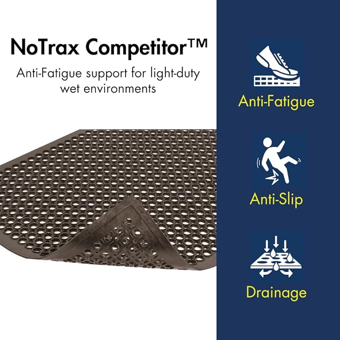 NoTrax 3' x 10' Anti-Fatigue Lightweight Restaurant Rubber Floor Mat with Drainage Holes, Beveled Edges, Non-Slip Mats, Black, T30 Competitor, T30S0310BL