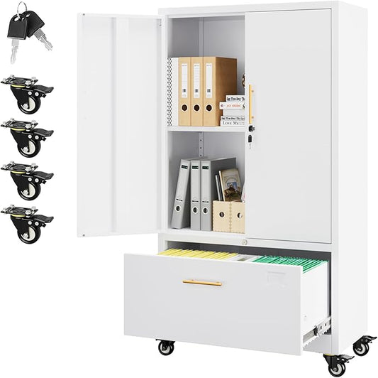 Aobabo Metal 1 Drawer Office File Cabinet with Lock and 2 Doors, Office Steel Files Cabinet with Wheels, Legal/Letter A4 Size, Assembly Required, White