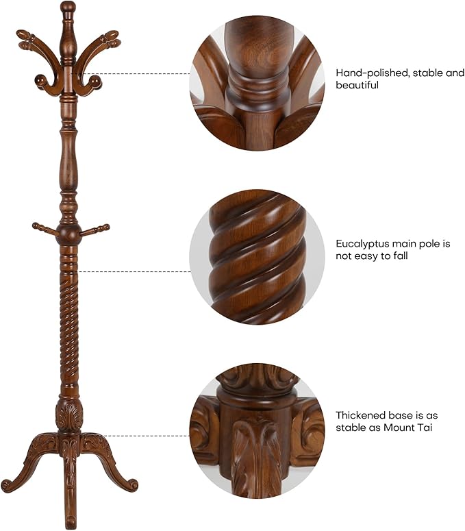 Coat Rack Freestanding Tree Stand with 8 Hooks, 79'' Heavy Duty Premium Ash Wood Hanger Stand, Floor Standing Clothes Hat for Entryway, Corner,Hallway,Bedroom, Office,Brown-Style 2