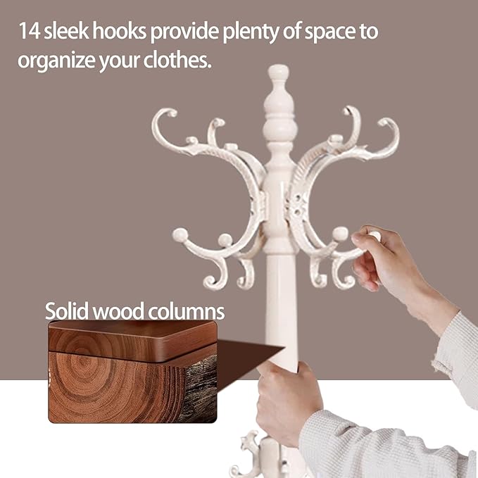 Wooden Coat Racks, Retro 78" Coat Tree with 12 Hooks & Stable Triangular Base, Entryway Coat Rack Freestanding for Hat, Clothes, Scarves, Handbags, Umbrella (Ivory)