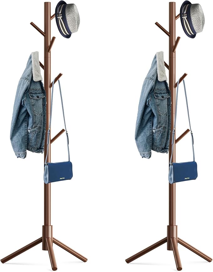 Wooden Tree Coat Rack Stand,Sturdy Freestanding Coat Rack with 8 Hooks,3 Adjustable Height for Child Adult,Wood Coat Stand Tree Fits Entryway Bedroom Office for Bags,Hats, 2 Pack