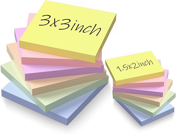 Sticky Notes 3x3in + 2x1.5in Small Sticky Note, 12 Pack 6 Colors Self-Sticky Note Pads | Sticks Strong & Removes Clean | Recycled Paper Cute Sticky Notes to School Supplies, Office Products