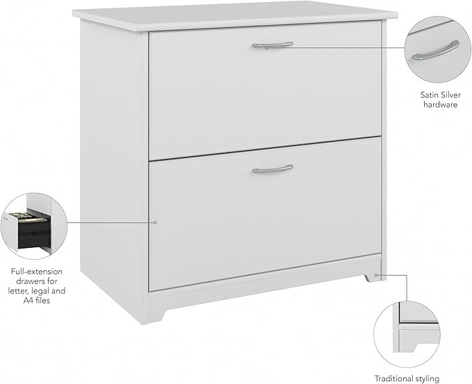 Bush Furniture Cabot 2 Drawer Lateral File Cabinet in White, Home Office Chest for Letter, Legal, and A4-size Document Storage
