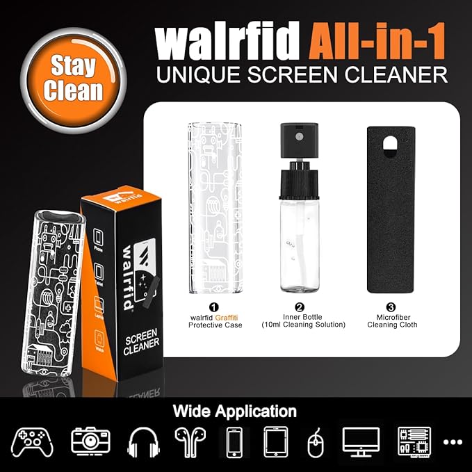 walrfid Computer Screen Cleaner Spray, Car Touchscreen Mist Cleaning Kit for Electronic Laptop, iPad, iPhone, Smart Phone, MacBook Pro, TV Monitor, Tablet, Car Display,with White Graffiti Case - Black