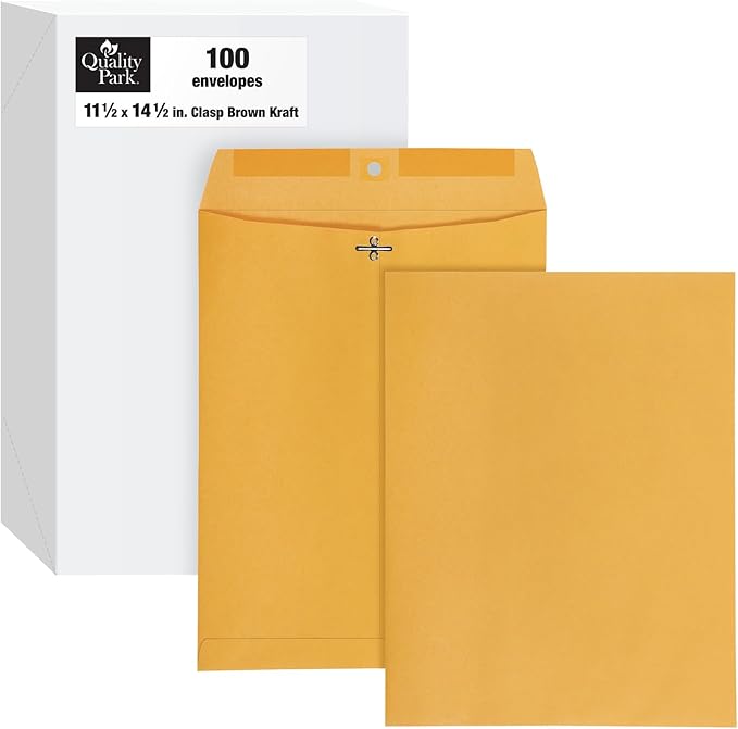 Quality Park 11-1/2" x 14-1/2" Clasp Envelopes, Brown Kraft, Gummed Flap, Heavy 32lb, 100/Box (QUA37805)
