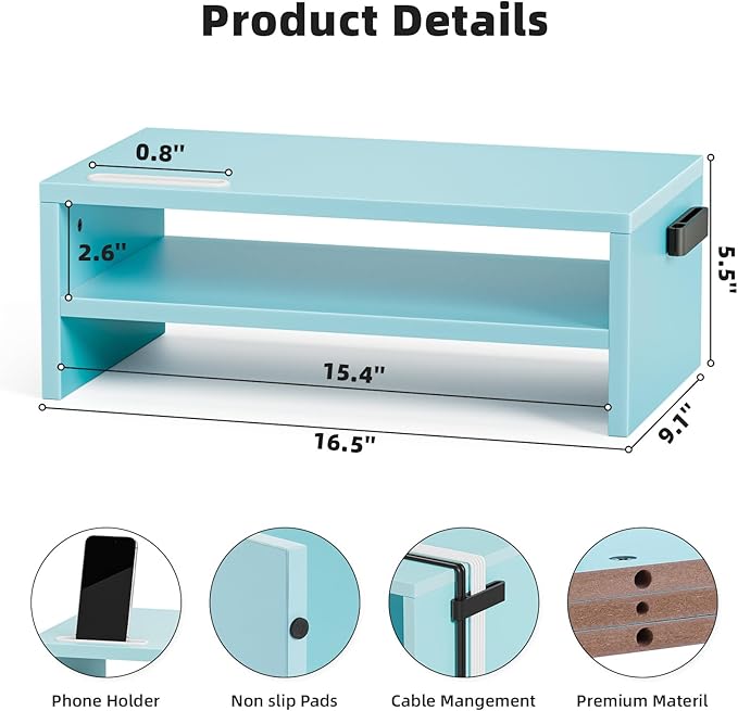 Marbrasse Monitor Stand Riser, 16.5 Inch 2 Tier Computer Printer Shelf Stand for Laptop Computer Screen Storage, Desktop Stand with Phone Holder and Cable Management (Blue)