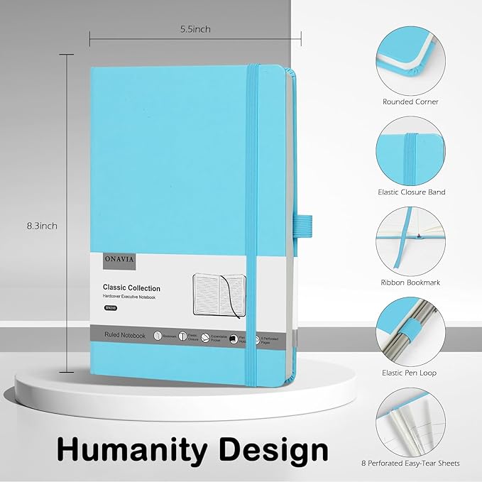 Lined Journal Notebooks for Work, Travel, College, A5 Size 100 GSM Thick Paper, Classic Ruled Journaling Notebook, Hardcover Notepad for Writing 160 Pages, 5.5 x 8.3 inch, Sky Blue