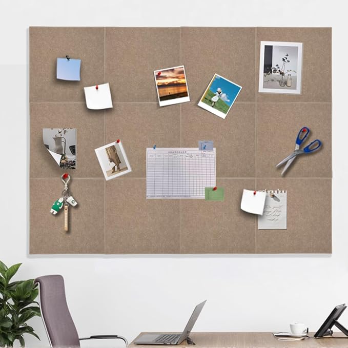 Large Cork Board for Office 48 x 36 in, Brown Bulletin Board, 12 Pack Felt Wall Tiles with Pushpins, Cork Boards for Wall Pin Board Tack Board Cork Boards