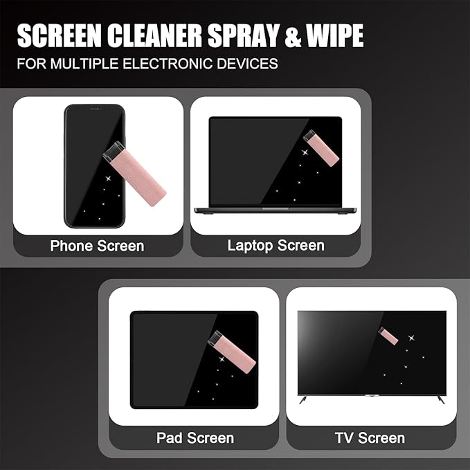 walrfid 2pcs Car Screen Cleaner, Computer Screen Cleaner Spray and Wipe, Laptop Cleaning Mist Kit for Electronic iPad, iPhone, Phone, MacBook, TV, Monitor, Tablet Display, with Graffiti Case, Pink
