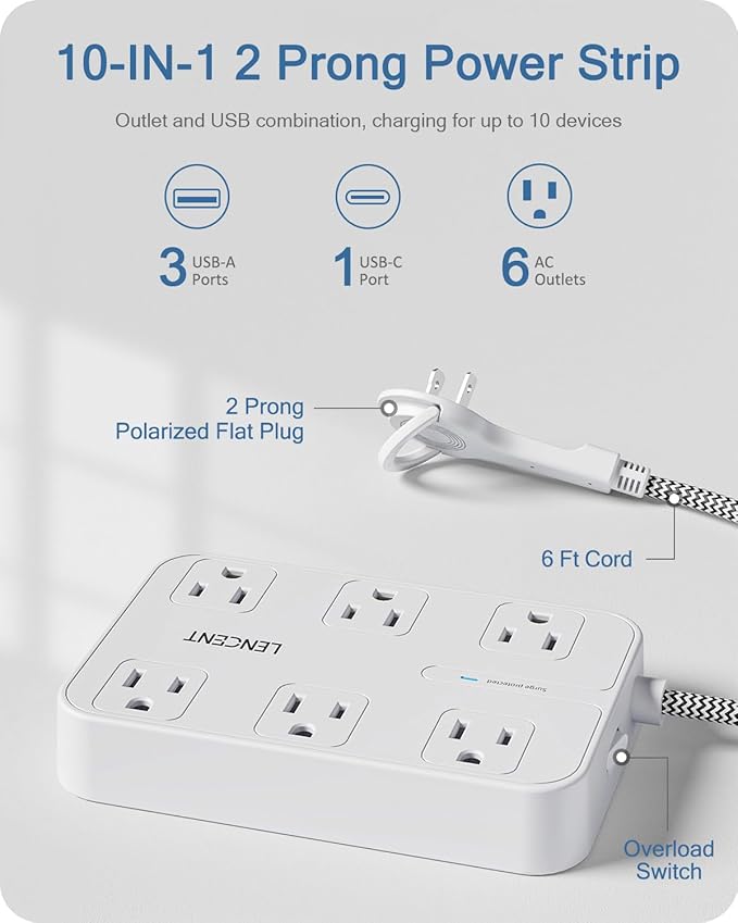LENCENT 2 Prong Power Strip, 3 to 2 Prong Outlet Adapter, 1050J Surge Protector, 6ft Braided Extension Cord with Thin Flat Polarized Plug, 6 AC & 4 USB (1 Type-C), Wall Mount for Non-Grounded Outlet