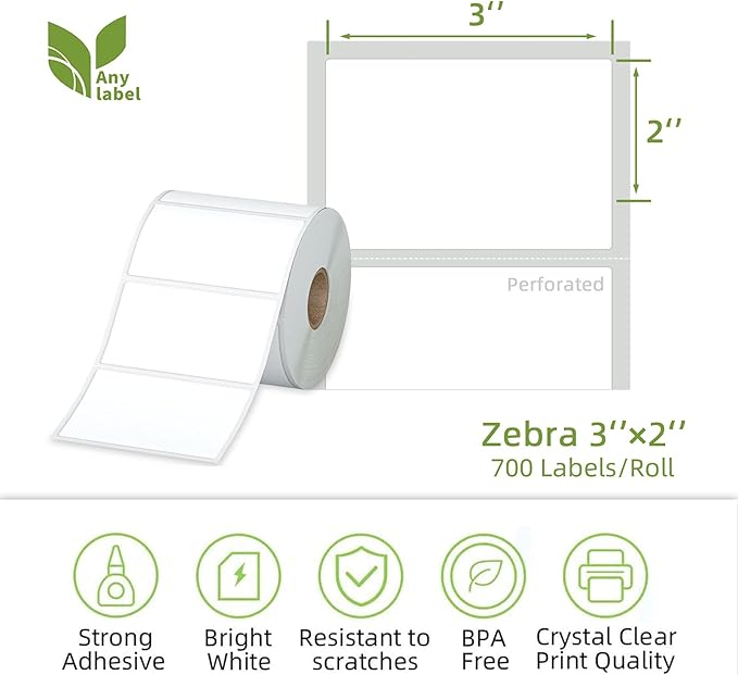 Compatible 3" x 2" Direct Thermal Labels Replacement for Barcodes Postage Address Shipping Compatible with Rollo & Zebra Desktop Printers Adhesive & Perforated (12 Rolls, 700 Labels/Roll)