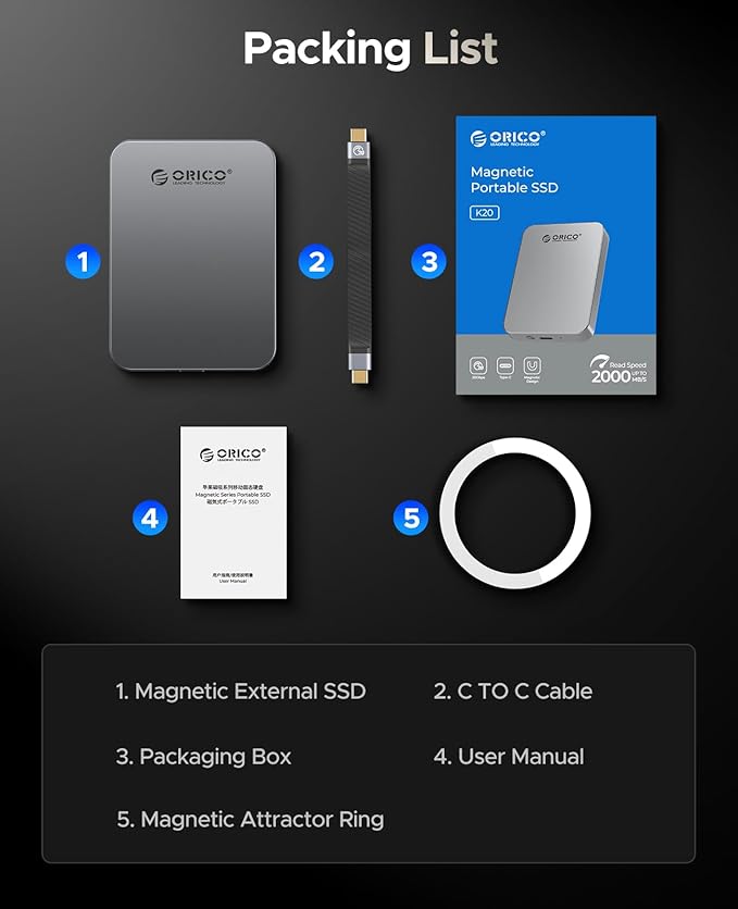 ORICO 512GB Magnetic Portable SSD, Aluminum Alloy, 4K 120 fps ProRes HDR Record and Store, Up to 2000MB/s, External Solid State Drive, Compatible with iPhone 16 Pro Max, Tablet, Computer - K20