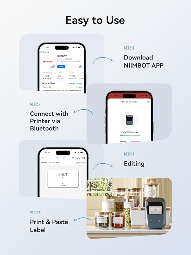 NIIMBOT B1 Label Maker Machine with Tape, 2 Inch Portable Label Printer, Bluetooth Thermal Label Printer with Multiple Templates for Small Business,Office,Home,School (Blue, 1 Printer+1 Roll Label)