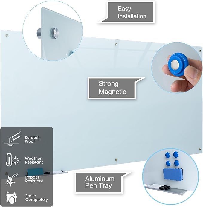 Magnetic Glass White Board 72"X36" Premium Tempered Dry Erase Boards Wall Mounted Frameless Whiteboard Message Writing Boards (White)