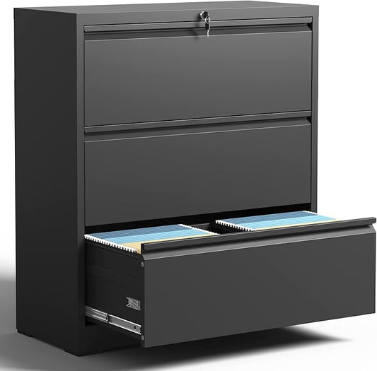 3 Drawer Lateral File Cabinet, File Cabinets for Home Office Legal/Letter A4 Size, File Cabinet with 3 Drawer Cabinet, Require Assembly, Black