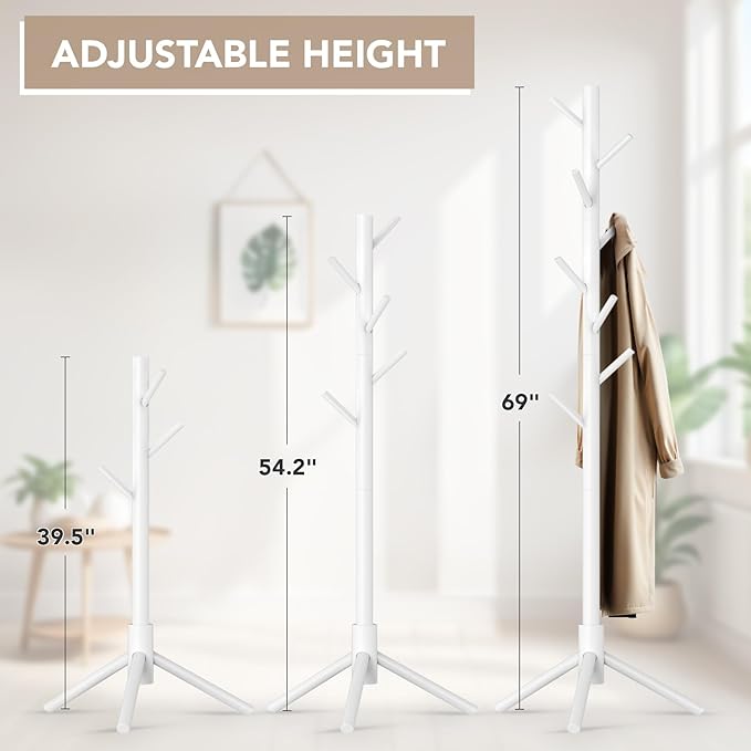 Wooden Tree Coat Rack Stand,Sturdy Freestanding Coat Rack with 8 Hooks,3 Adjustable Height for Child Adult,Wood Coat Stand Tree Fits Entryway Bedroom Office for Bags,Hats, 2 Pack