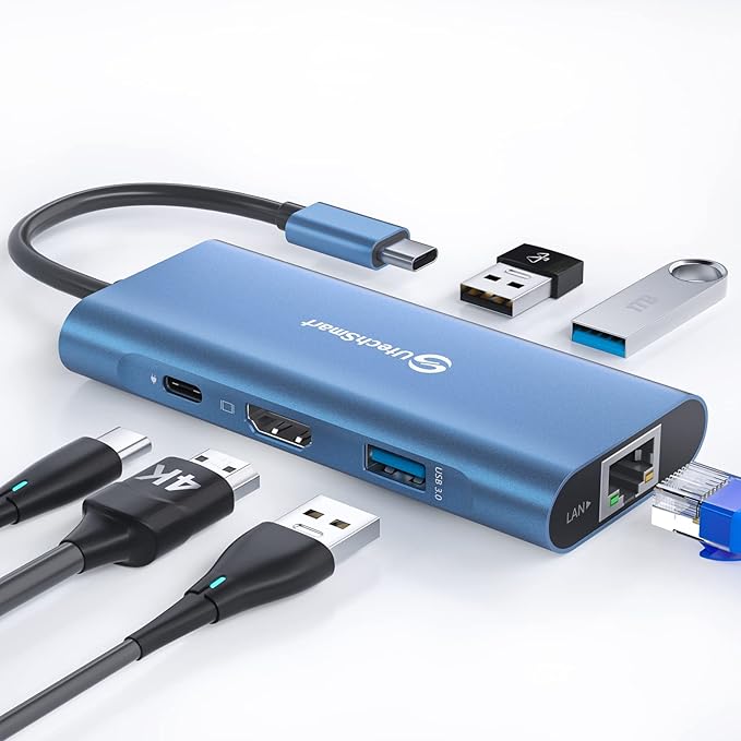 UtechSmart USB C Hub, Ethernet Multiport Adapter 6 in 1 USB C to HDMI Dock Compatible for MacBook Pro/Air, Chromebook, Dell XPS, HP and Type C Devices (Gigabit Ethernet 100W PD 4K HDMI USB 3.0) Blue