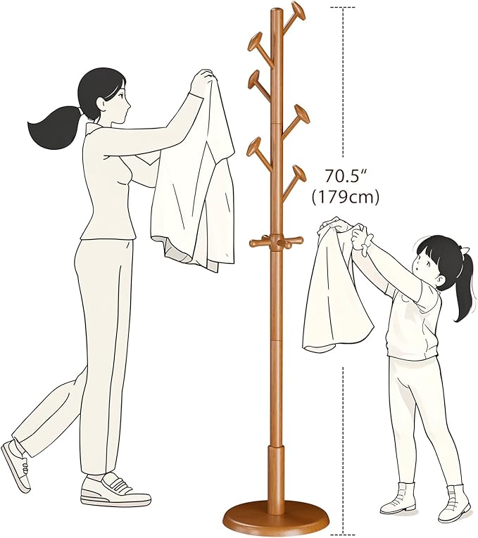 Solid Wood Coat Rack Freestanding Coat Tree with 10 Hooks for Bedroom, Livingroom, Entryway, Sturdy Coat Hanger Stand for Hats, Coats, Scarves, Handbags, Purses