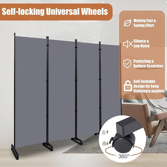 Room Divider Portable 88'' Partition Room Dividers and Folding Privacy Screens 4 Panel Wall Divider for Room Separation，Freestanding Fabric Room Divider Panel with Wheels for Home Office Hospital