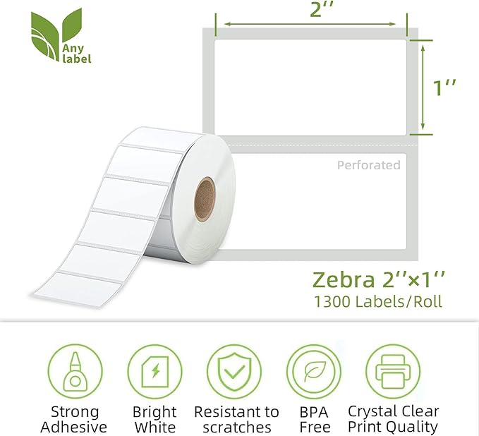 Compatible 2" x 1" Direct Thermal Labels Replacement for Barcodes Postage Address Shipping Compatible with Rollo & Zebra Desktop Printers Adhesive & Perforated (24 Rolls, 1300 Labels/Roll)