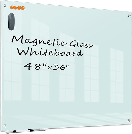 KIZZBY Glass Dry Erase White Board - Magnetic Boards for Wall, 48"x36" Large Frameless Whiteboard for Office, Home & School