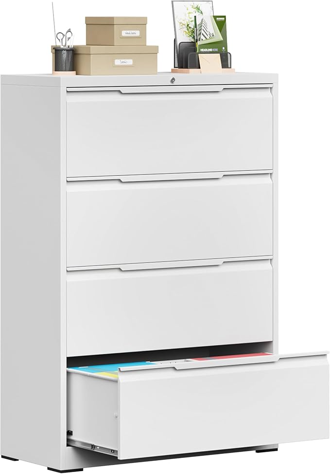 Bestoo 4 Drawer Lateral File Cabinet, Metal Lateral Filing Cabinet with Lock for Hanging Files Letter/Legal/F4/A4 Size, Easy Assemble White