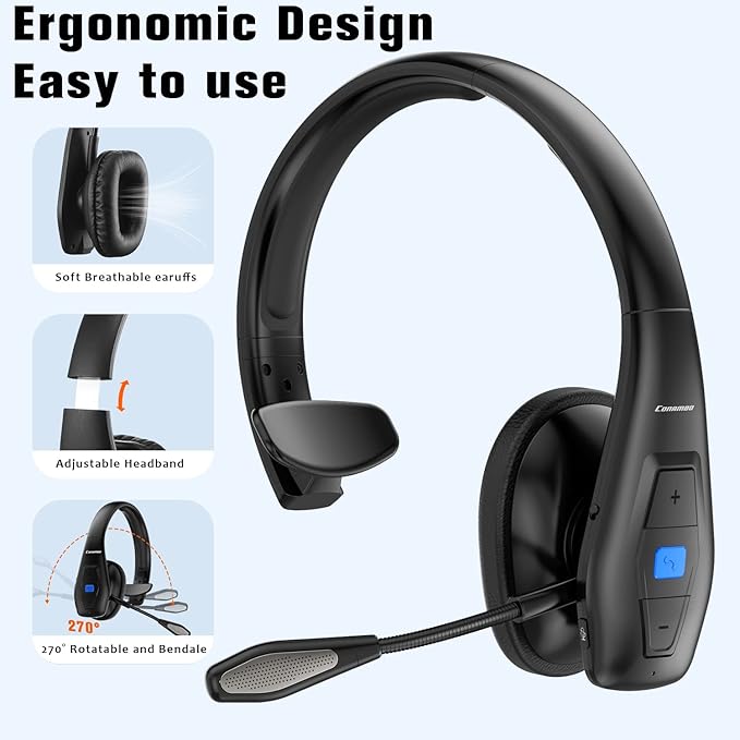 Conambo Noise Cancelling Bluetooth Headset V5.1, 35Hrs HD Talktime CVC8.0 Dual Mic Hands-Free Wireless Headset, Bluetooth Headphones with Mute Button for Cell Phones Business Home Office Trucker