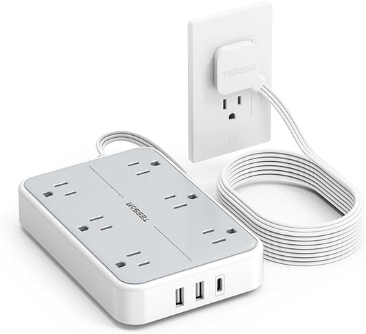 TESSAN Flat Extension Cord 10 FT with Flat Plug Power Strip, Small Extension Cord with 6 AC Outlet 1 USB C and 2 USB A, 1080J Surge Protector Power Strip, Wall Mount for Dorm Room Office Home