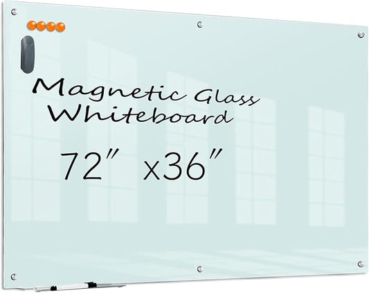 KIZZBY Glass Dry Erase Board - Magnetic Whiteboard, 72"X36" Frameless White Board Clear Glass Boards with Super Strong Magnets, Wall Mounted for Office, Classroom and Home