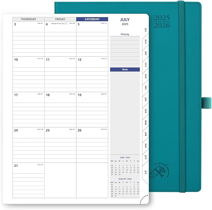 POPRUN Monthly Planner 2025-2026, 8.5'' x 11.25'', 13-Monthly Calendar (July 2025-July 2026) 15-Minute Hourly Appointment Book with Stair Tabs, Soft Cover, 100GSM Paper - Pacific Green