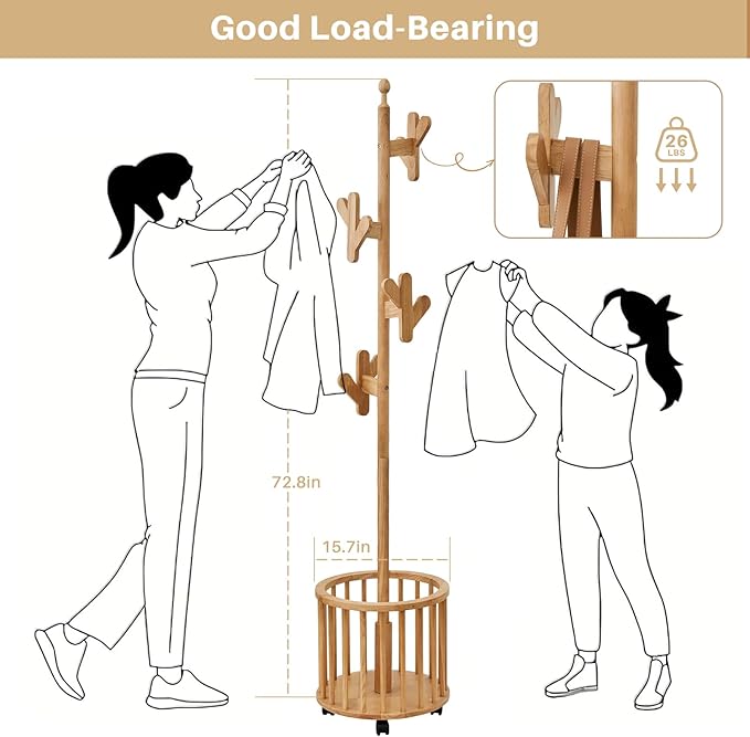 Uniclinens Solid Wood Coat Rack Freestanding with Umbrella Holder, Tree Coat Rack Stand with Lockable Universal Casters & 12 Hooks for Entryway Bedroom, Natural