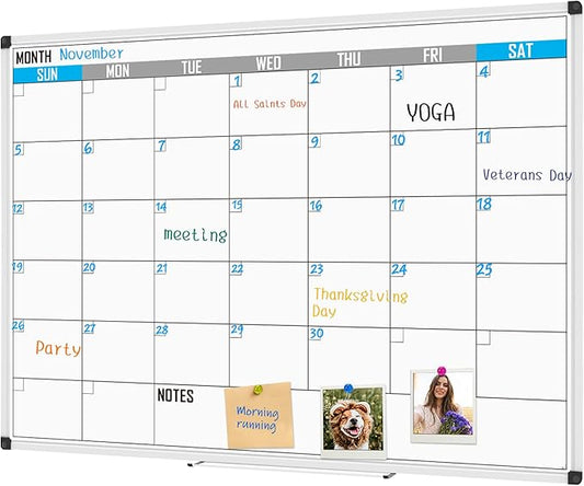 XBoard Magnetic Calendar Whiteboard 60" x 40" - Monthly Calendar Dry Erase Board, White Board + Colorful Calendar Board, Silver Aluminium Framed Monthly Planning Board