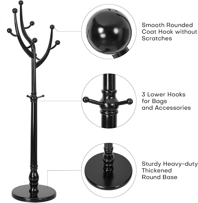 Coat Rack Freestanding Coat Tree with Sturdy Round Base, Unique Coat Hanger Stand, Heavy Duty Standing Coat Rack Clothes Stand for Winter Jacket, Hat, Entryway/Hallway/Bedroom, Black
