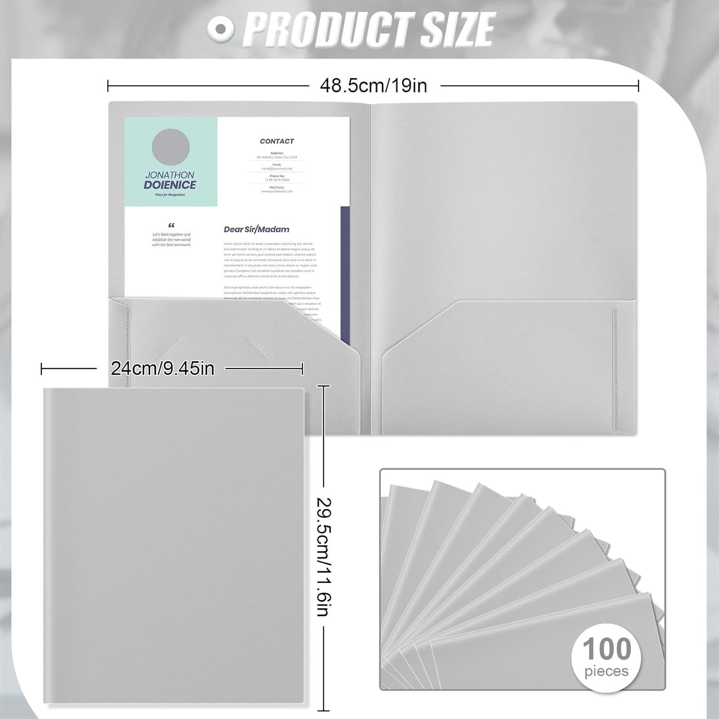 Gueevin 100 Pcs Two Pocket Folders Bulk Plastic File Folder with 2 Pockets Letter Size Paper Heavy Duty Durable Portfolios Case for Home Office School Business 11.61 x 9.45 Inch (Gray)
