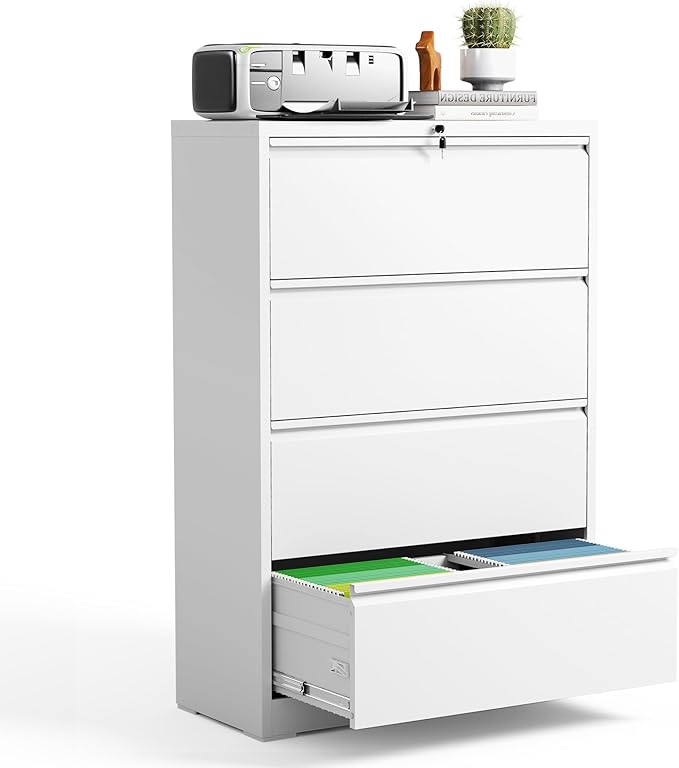 4 Drawer Lateral File Cabinet, Metal Filing Cabinets for Home Office, Steel Storage Wide File Cabinet for Letter/Legal/F4/A4 Size with Hanging Bars, Assembly Required (White)