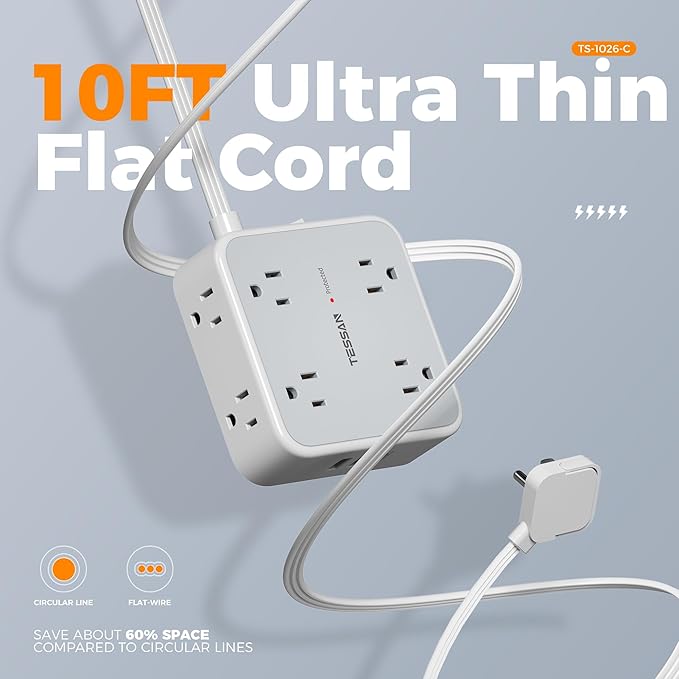 Surge Protector Power Strip Flat Plug, TESSAN Long Extension Cord 10 FT with 8 Outlets, 3 USB Ports(1 USB C), 3-Sided Outlet Extender, 900 Joules Protection, Desk Charging Station for Home, Office