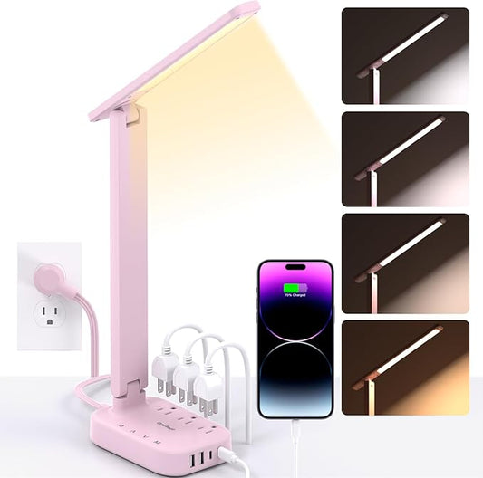 Dorm Room Essentials for Girls, Pink Power Strip with LED Desk Lamp, 3 Outlets 4 USB Ports, 4 Modes 5 Level Touch Lamp Small Desk Lamp for Home Office Bedroom Study Reading Light, 5ft Extension Cord