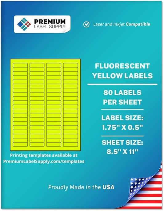 Premium Label Supply Bright Neon Color Fluorescent Sticker Labels - 1.75" x 0.5" Return Address Labels - (Fluorescent Yellow, 8000 Labels)