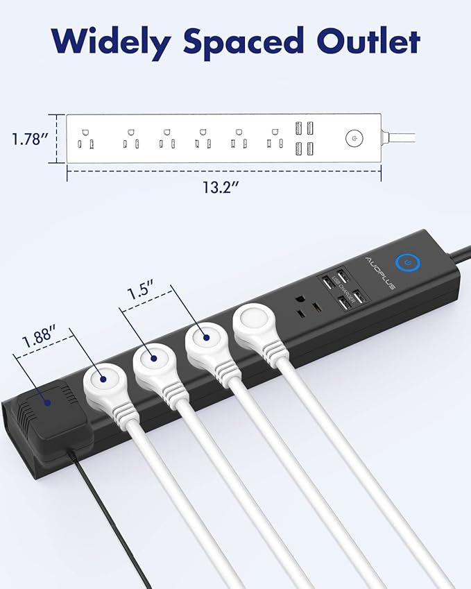 Surge Protector Power Strip with USB, AUOPLUS 10FT Outlet Strip, 6 Outlet and 4 USB Charger,[Flat Plug/Wall Mountable], 1250W/10A/2100J, Long Extension Cord for Computer iPhone Home Office Dorm