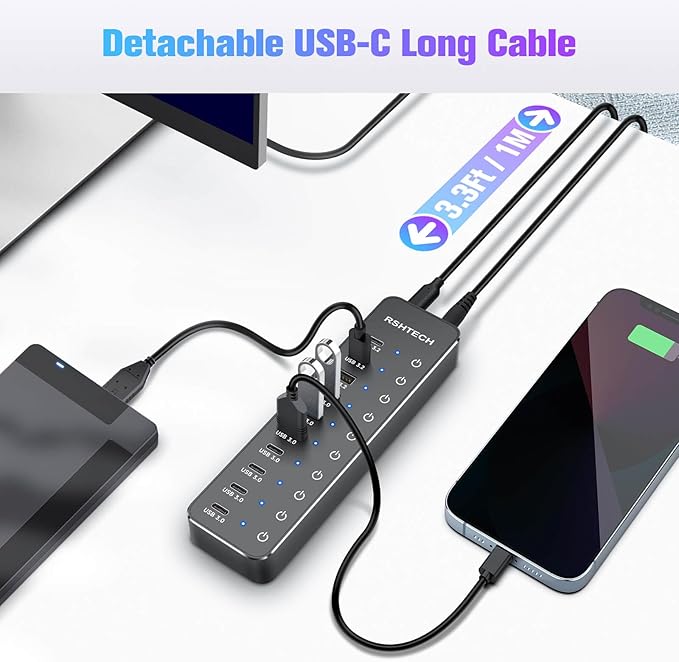 RSHTECH 10 Ports Powered USB 3.2/USB C Hub Splitter 60W with 3 x 10Gbps USB 3.2 Ports (2C + 1A),7 x USB 3.0 Ports (4C +3A), 3.3ft Cable and Individual Touch Switches for Laptop PC