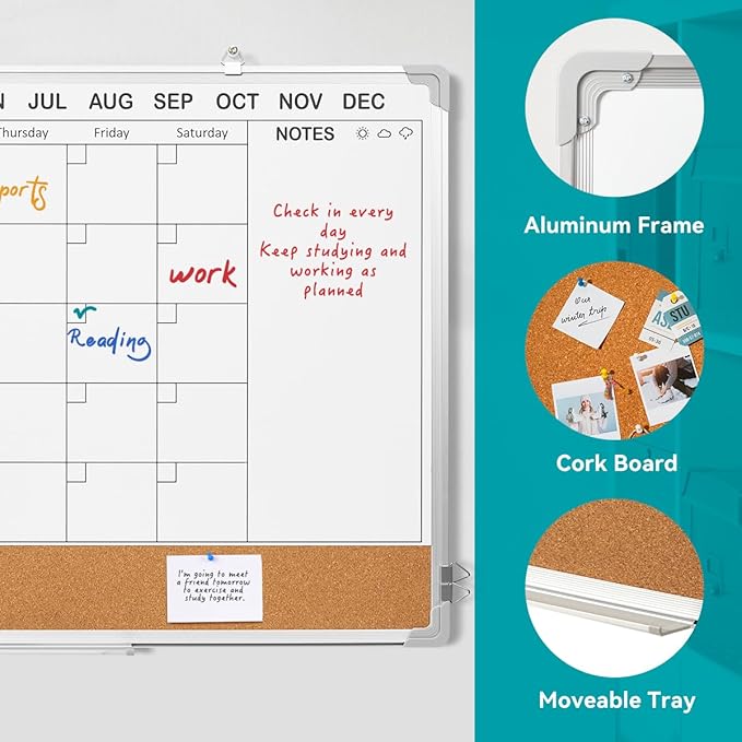 Calendar Whiteboard for Wall,24" x 18" White Board Calendar Dry Erase with Silver Aluminum Frame,Double Side Wall Hanging Board for Office,Home,Kitchen