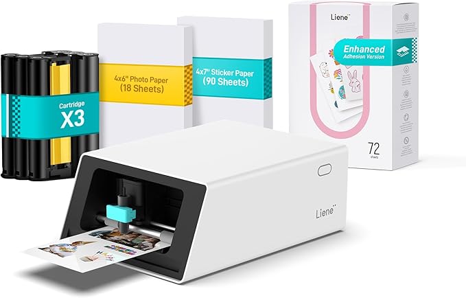 Liene PixCut S1 Photo Sticker Printer Creator Plus Pack - All-in-One Sticker Maker Machine for DIY Crafts, Custom Labels & Gifts, Thermal Dye-Sublimation, 300 DPI Prints, Precise AI Auto-Cutting