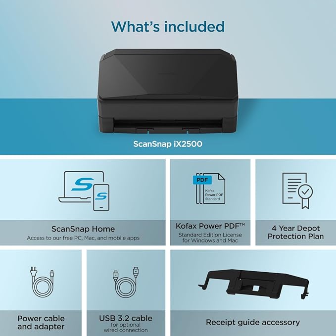 ScanSnap iX2500 Premium Wireless or USB High-Speed Cloud Enabled Document, Photo & Receipt Scanner with Large 5" Touchscreen for Mac or PC, Includes 4-Year Protection Plan