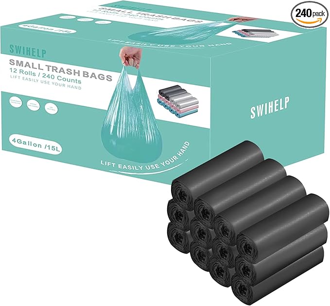 Small Trash Bags 240 Count Garbage Bags SWIHELP Waste Basket Liners for Bathroom, Kitchen,Bedroom, Office Pet Car 15 Liter Trash Can 4 Gallon