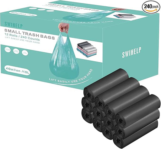 Small Trash Bags 240 Count Garbage Bags SWIHELP Waste Basket Liners for Bathroom, Kitchen,Bedroom, Office Pet Car 15 Liter Trash Can 4 Gallon