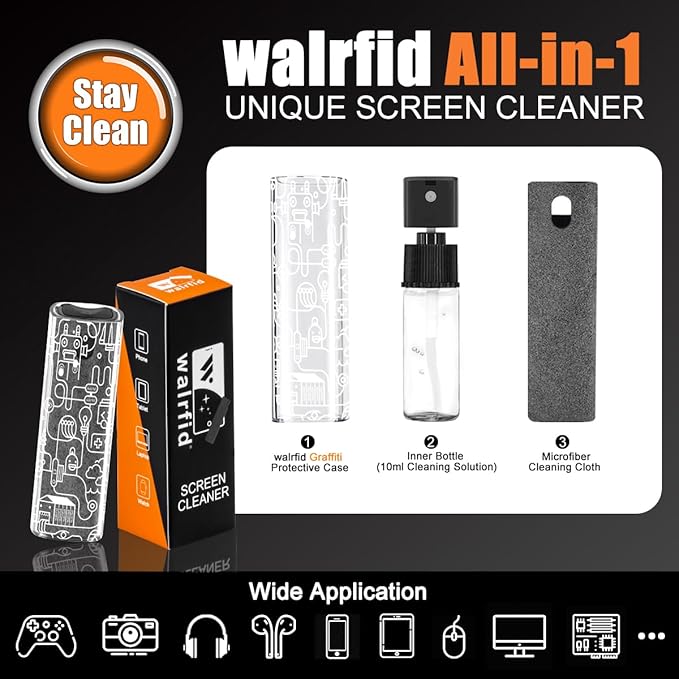 walrfid Car Screen Cleaner Spray and Wipe, Laptop Touchscreen Mist Cleaning Kit for Electronics Computer, iPad, CellPhone, MacBook, TV, Monitor, Tablet, Kindle Display, with White Graffiti Case - Grey