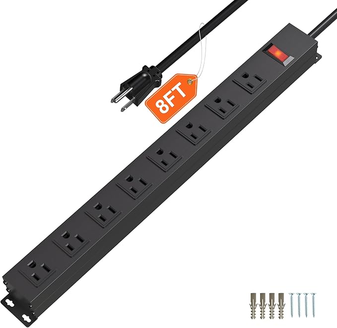 8 Outlets Heavy Duty Power Strip with 8 Ft UL 14AWG Power Cord Straight Plug and Switch,Wide Spaced Shop Power Strip Metal for Commercial,Industrial,School and Home,15A 125V 1875W,Black(8FT)