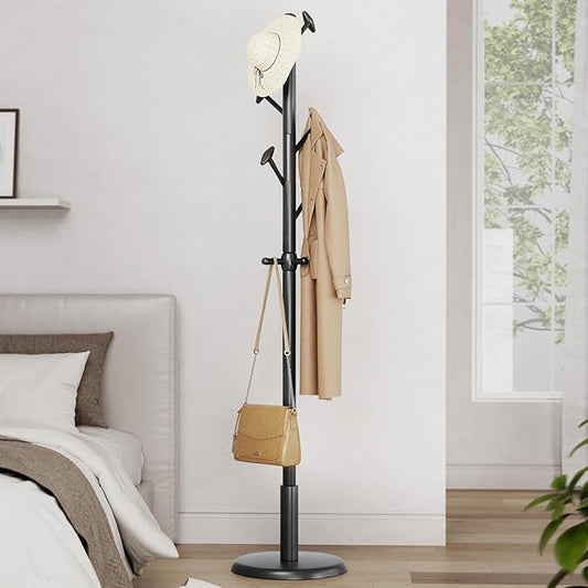 Solid Wood Coat Rack Freestanding Coat Tree with 10 Hooks for Bedroom, Livingroom, Entryway, Sturdy Coat Hanger Stand for Hats, Coats, Scarves, Handbags, Purses
