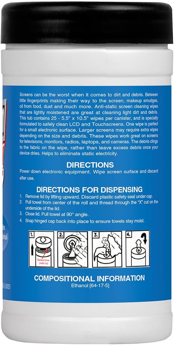 Zenex Screen Clean Anti-Static Electronic Screen Wipes - Single Sided Non-Abrasive Towels | For TV, Phones, Monitors | Quick Dry & Streak-Free | Prevents Static Build-up (3 Pack | 75 Sheets Total)